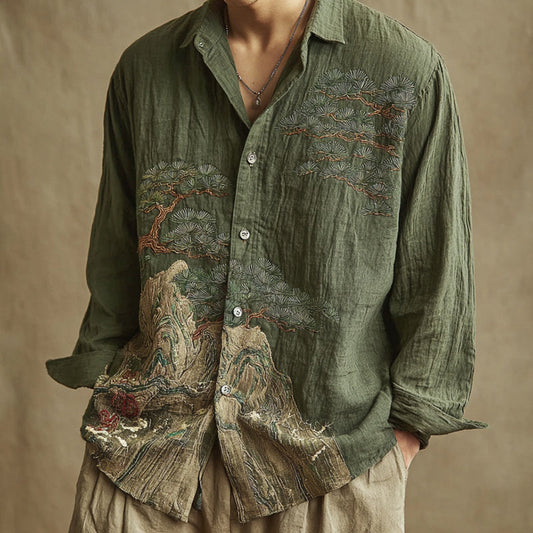 Hand-Embroidered Olive Shirt – Vintage Mountain & Pine Motif (S–6XL)