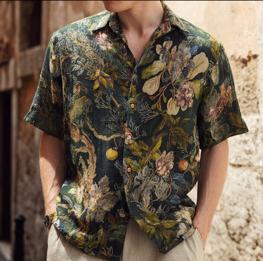 Botanical Floral Print Linen Shirt – Vintage Short Sleeve Button-Up (S–6XL)