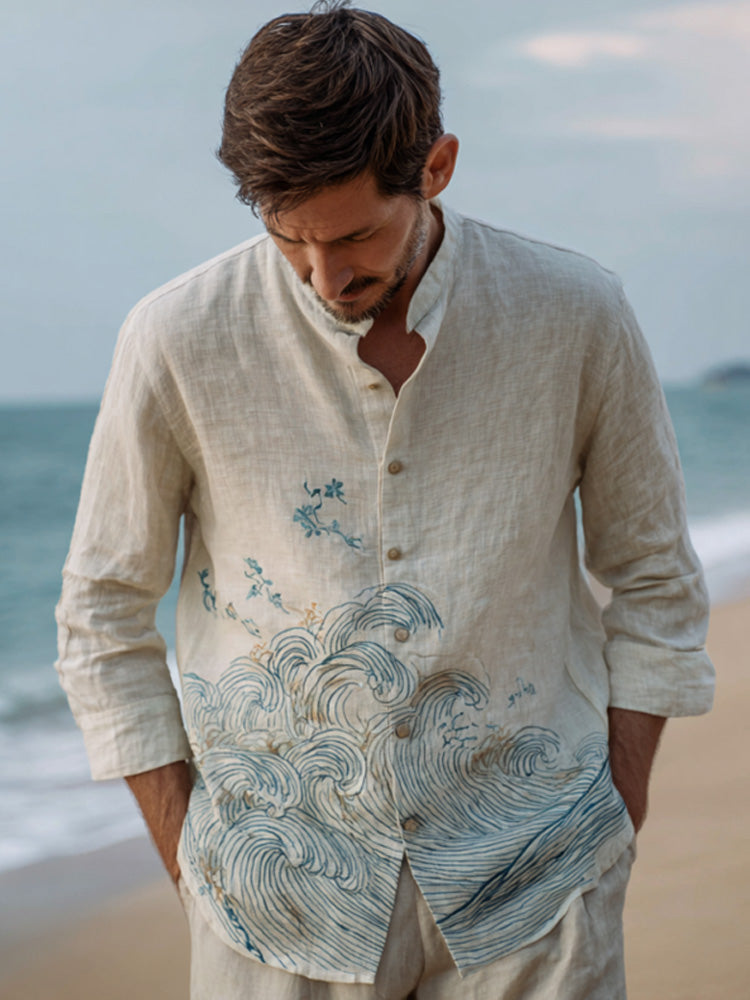 Ocean-Inspired Wave Design Beige Linen Shirt – Vintage Button-Down (S–6XL)