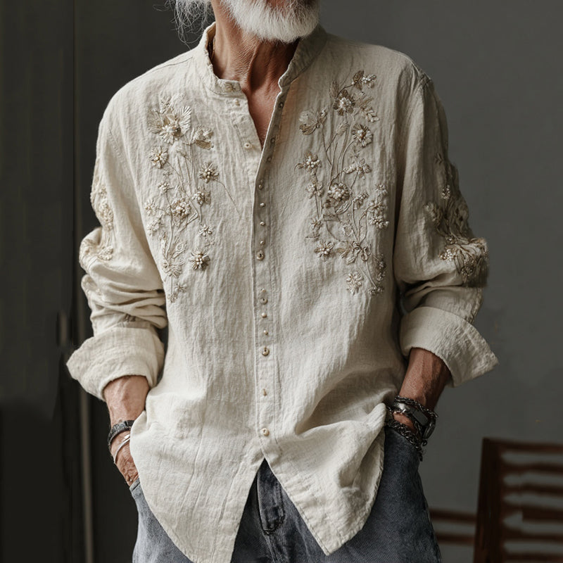 Artisan Beige Embroidered Linen Shirt – Mandarin Collar Floral Design (S–6XL)
