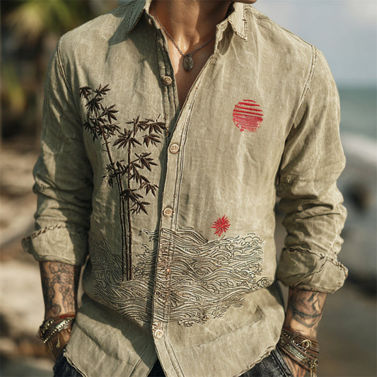 Handcrafted Beige Linen Shirt – Bamboo & Wave Scenic Embroidery (S–6XL)