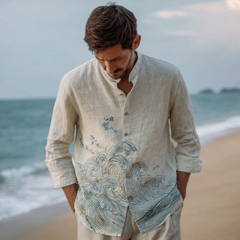 Ocean-Inspired Wave Design Beige Linen Shirt – Vintage Button-Down (S–6XL)