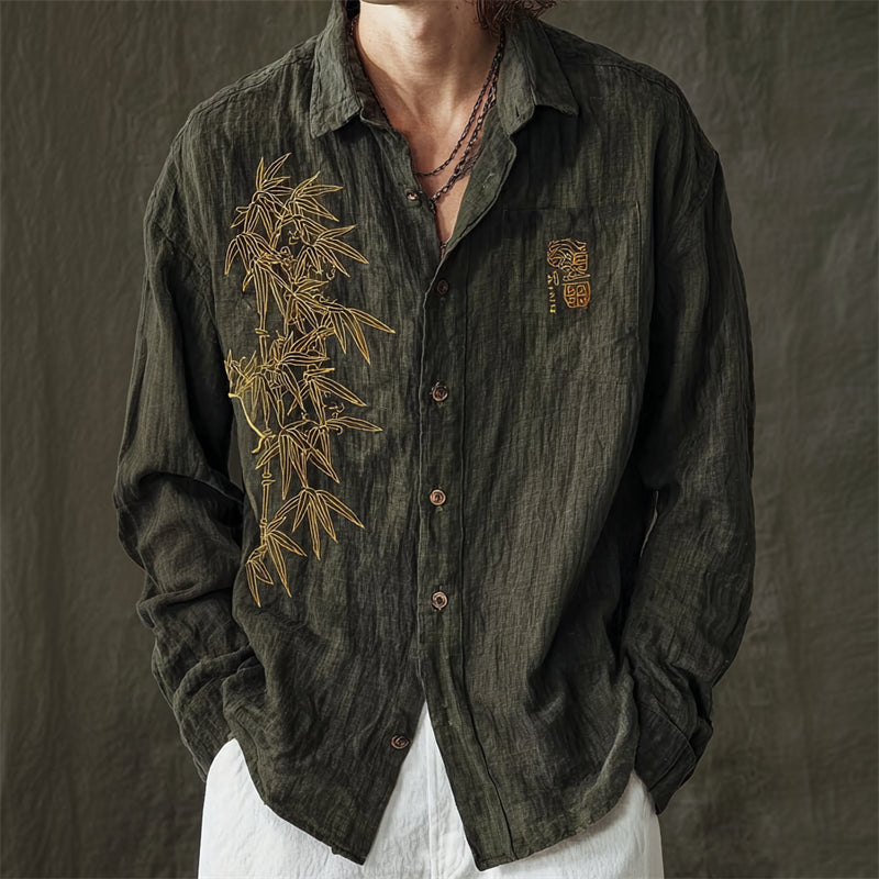 Evergreen Bamboo Embroidered Linen Shirt – Vintage Asian Short Sleeve Button-Up (S–6XL)