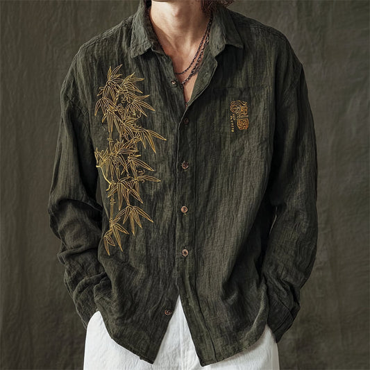 Evergreen Bamboo Embroidered Linen Shirt – Vintage Asian Short Sleeve Button-Up (S–6XL)