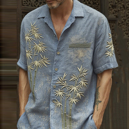 Vintage Linen Shirt with Green & Blue Bamboo Embroidery – Short Sleeve Casual (S–6XL)