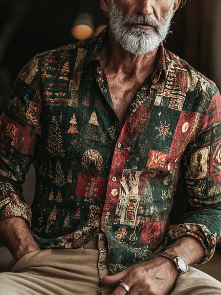 Retro Patchwork Linen Shirt – Artistic Casual Button-Up (S–6XL)