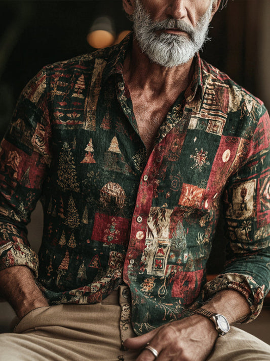 Retro Patchwork Linen Shirt – Artistic Casual Button-Up (S–6XL)