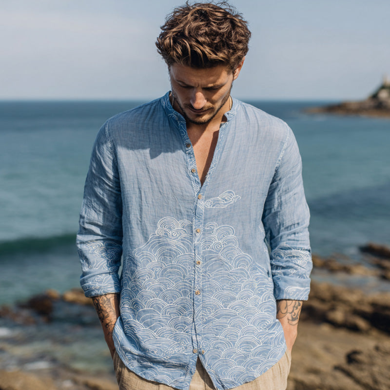 Coastal Blue Embroidered Linen Shirt – Relaxed Long Sleeve Button Shirt (S–6XL)