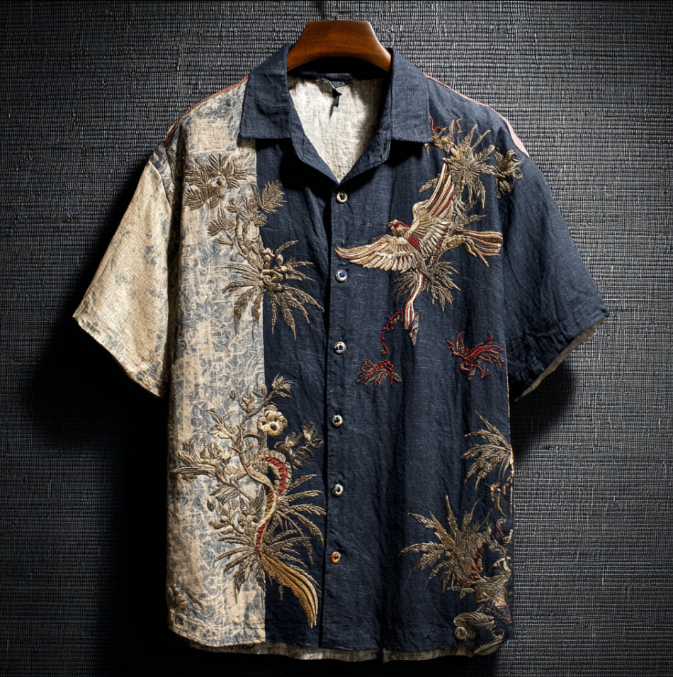 Artistic Flying Bird Print Black Linen Shirt – Short Sleeve Casual Wear (S–6XL)