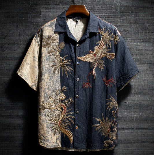 Artistic Flying Bird Print Black Linen Shirt – Short Sleeve Casual Wear (S–6XL)