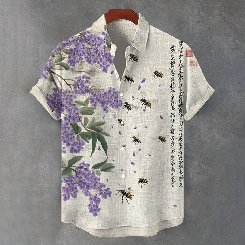 Floral & Bee Print Linen Shirt – Vintage Short Sleeve Casual Shirt (S–6XL)