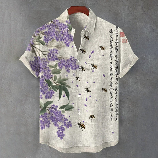 Floral & Bee Print Linen Shirt – Vintage Short Sleeve Casual Shirt (S–6XL)
