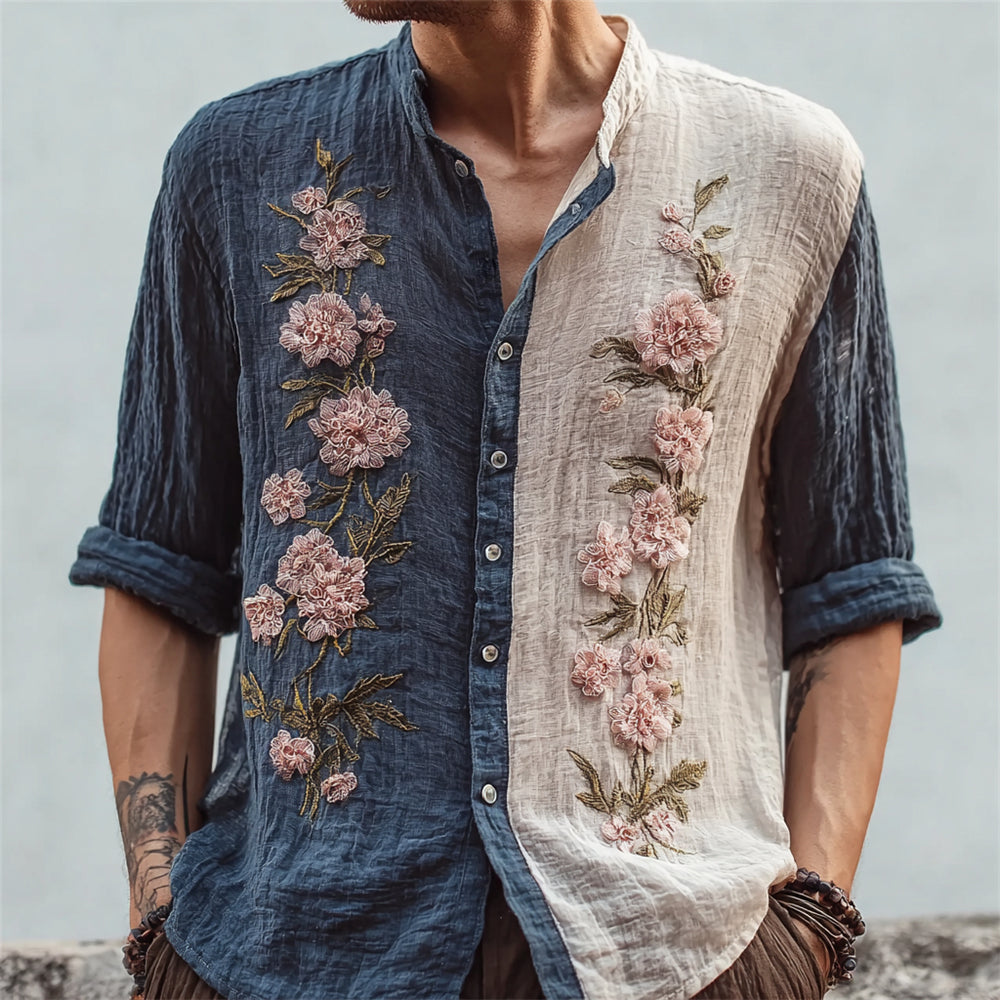 Two-Tone Linen Shirt – Vintage Floral Embroidery Button-Up (S–6XL)