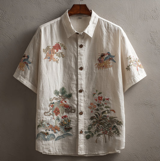 Vintage White Linen Short Sleeve Shirt – Bird & Floral Embroidered Design