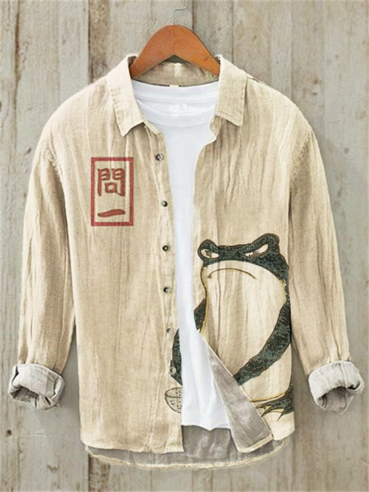 Minimalist Frog Linen Shirt – Relaxed Summer Long Sleeve Button-Up (S–6XL)