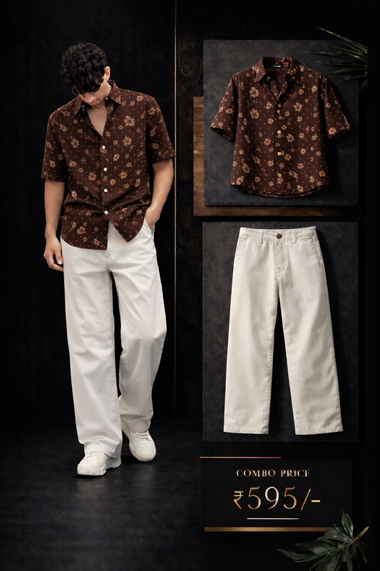 Men’s Premium Brown Floral Printed Shirt with Off White Trouser Combo Set | Stylish Casual Outfit for Men | Regular Fit