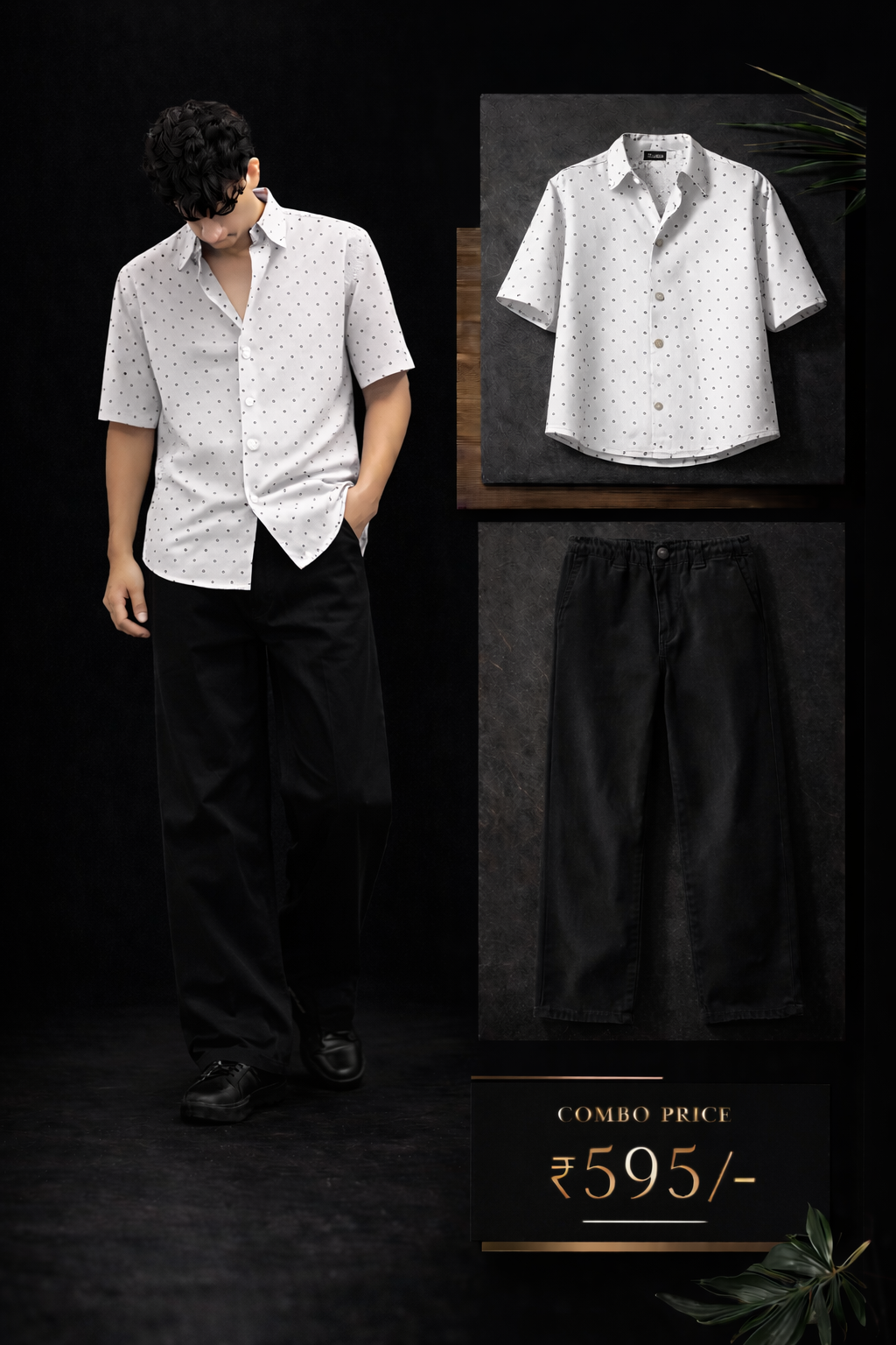 Men’s Premium White Printed Shirt with Black Trouser Combo Set | Stylish Casual Outfit for Men | Regular Fit