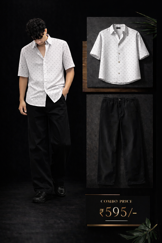 Men’s Premium White Printed Shirt with Black Trouser Combo Set | Stylish Casual Outfit for Men | Regular Fit