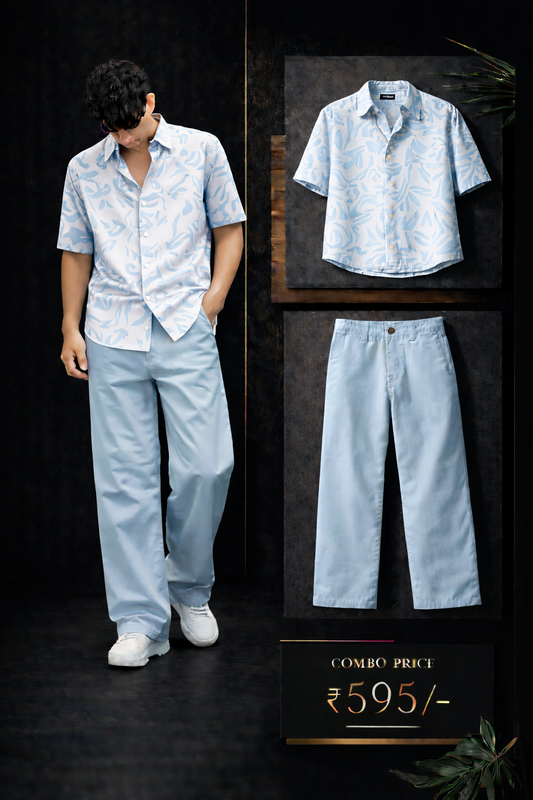Men’s Premium Light Blue Printed Shirt with Sky Blue Trouser Combo Set | Stylish Casual Outfit for Men | Regular Fit