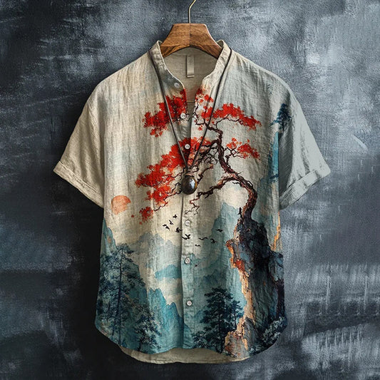 Artistic Ink-Inspired Blossom Tree Linen Shirt – Vintage Style Short Sleeve (S–6XL)