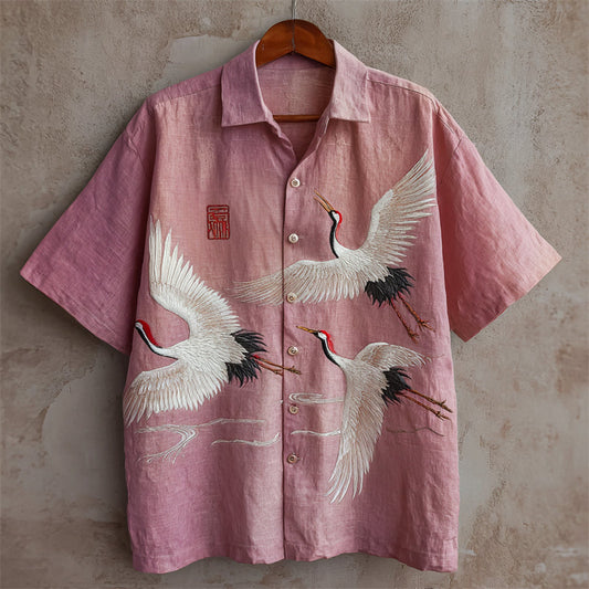 Crane Embroidered Pink Linen Shirt – Vintage Short Sleeve Button-Up (S–6XL)