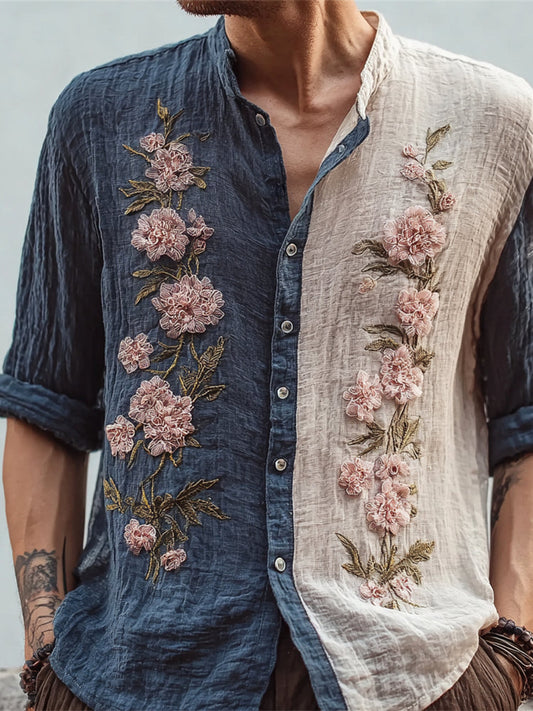 Two-Tone Linen Shirt – Vintage Floral Embroidery Button-Up (S–6XL)