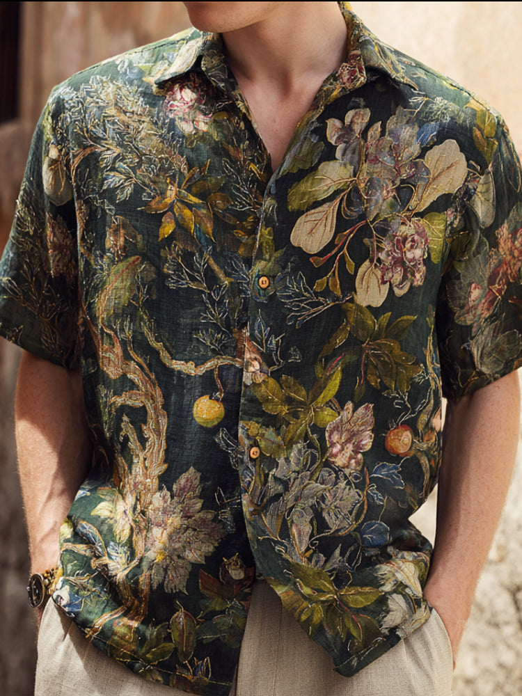 Botanical Floral Print Linen Shirt – Vintage Short Sleeve Button-Up (S–6XL)