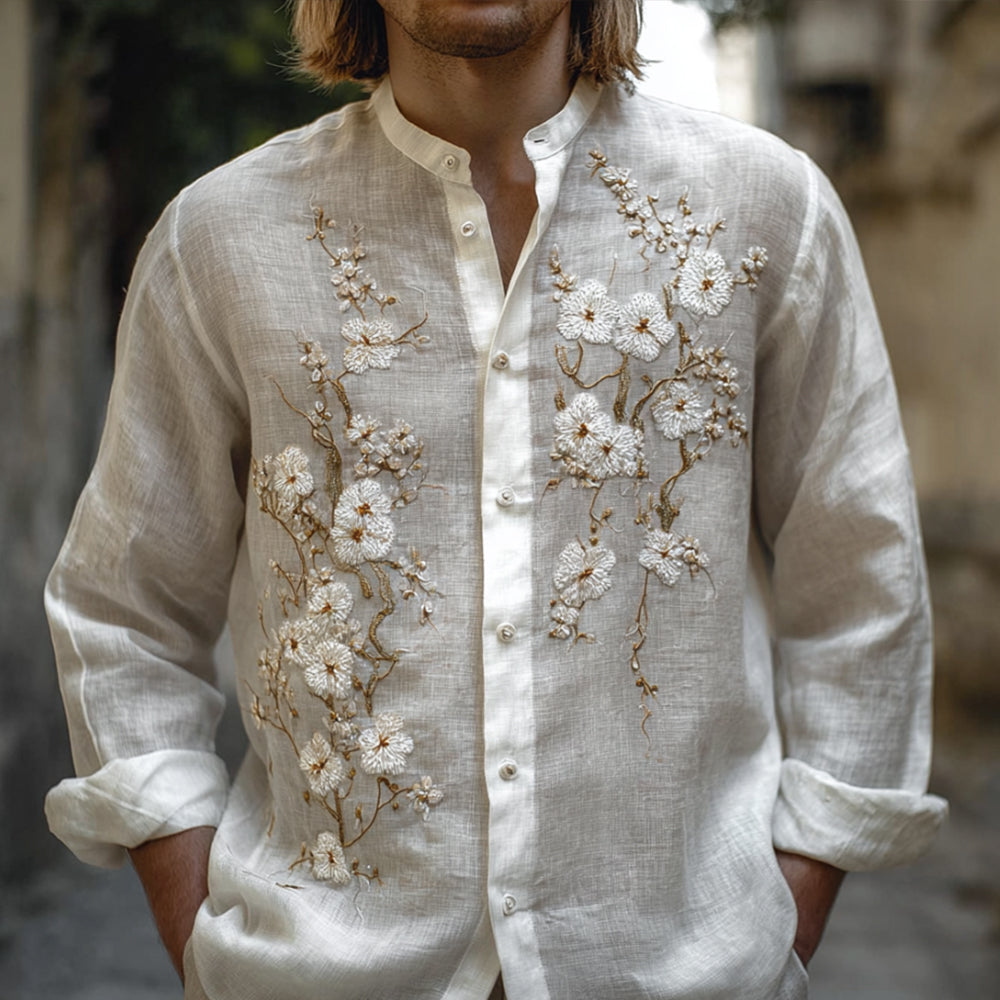 Mandarin Collar White Linen Shirt – Elegant Floral Vintage Design (S–6XL)