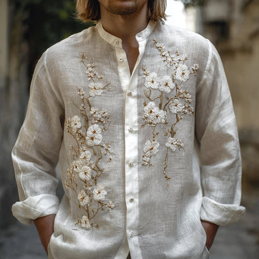 Mandarin Collar White Linen Shirt – Elegant Floral Vintage Design (S–6XL)