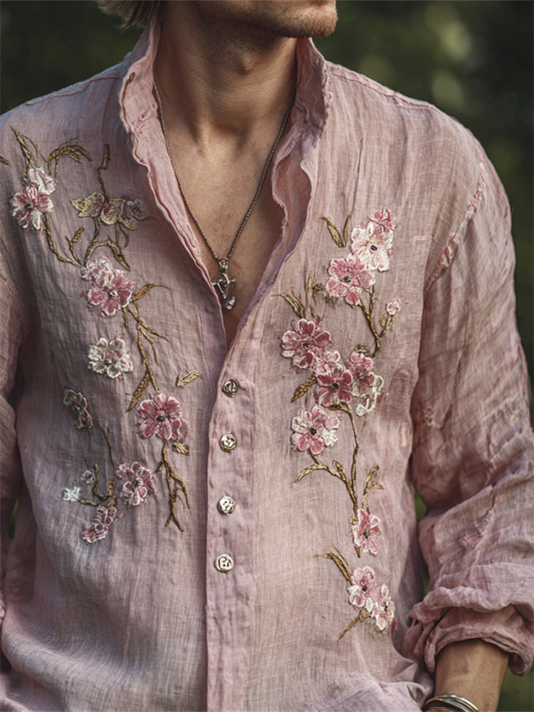 Artisan Pink Embroidered Linen Shirt – Floral Vintage Design (S–6XL)