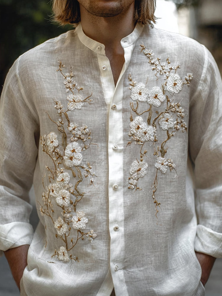 Mandarin Collar White Linen Shirt – Elegant Floral Vintage Design (S–6XL)
