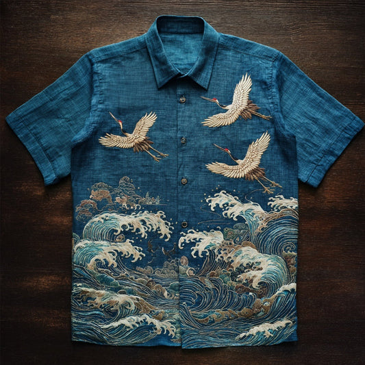 Vintage Linen Shirt with Crane & Ocean Wave Embroidery – Short Sleeve (S–6XL)