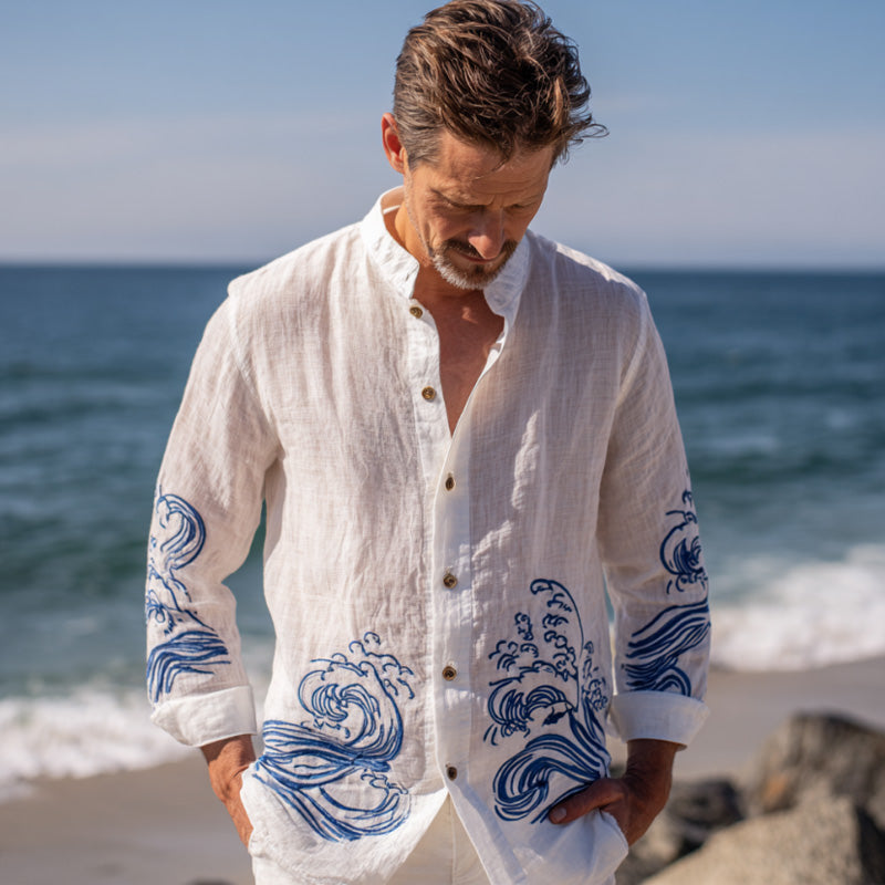 Sea Wave Embroidered Linen Shirt – Casual Long Sleeve Coastal Style (S–6XL)