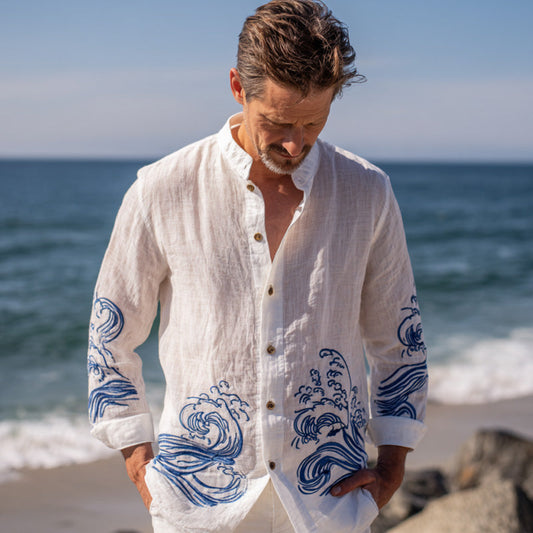 Sea Wave Embroidered Linen Shirt – Casual Long Sleeve Coastal Style (S–6XL)