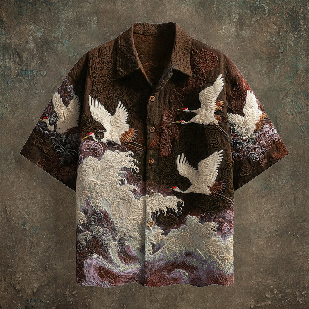 Embroidered Crane Pattern Shirt with Wave-Inspired Design | Short Sleeve Casual Wear (S–6XL)