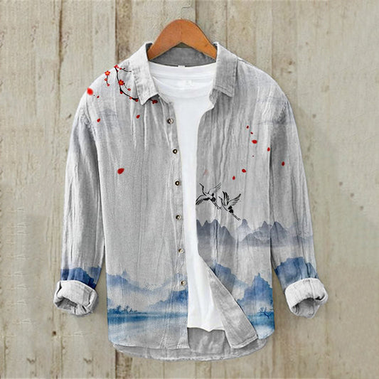 Vintage Crane Landscape Linen Shirt – Artistic Long Sleeve Button-Up (S–6XL)