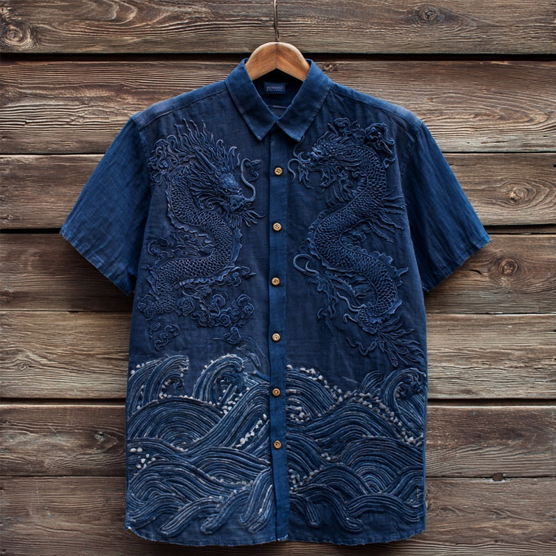 Dragon Embroidered Linen Shirt – Short Sleeve Vintage Button-Up (S–6XL)