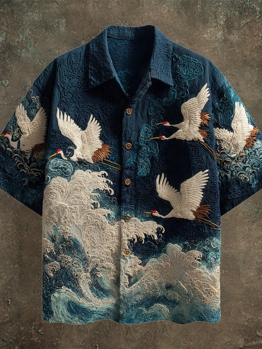 Embroidered Crane Pattern Shirt with Wave-Inspired Design | Short Sleeve Casual Wear (S–6XL)