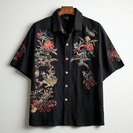 Black Linen Shirt with Crane & Floral Embroidery – Short Sleeve Button-Up