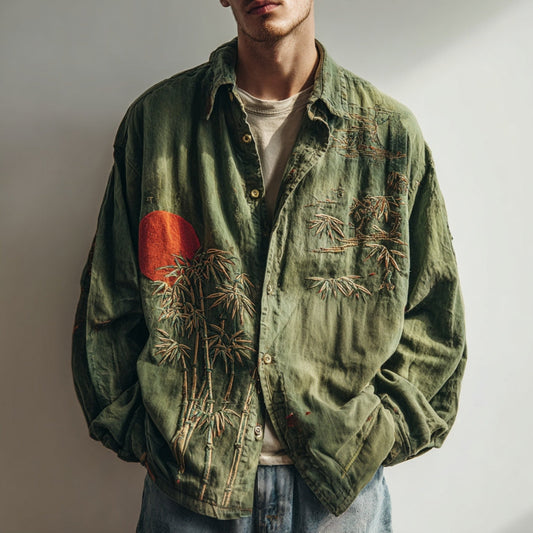 Artistic Olive Embroidered Linen Jacket – Retro Bamboo & Sun Design (S–6XL)