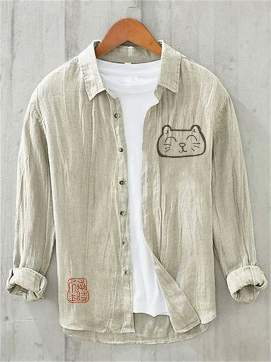 Abstract Cat Print Linen Shirt – Casual Long Sleeve Natural Shirt (S–6XL)