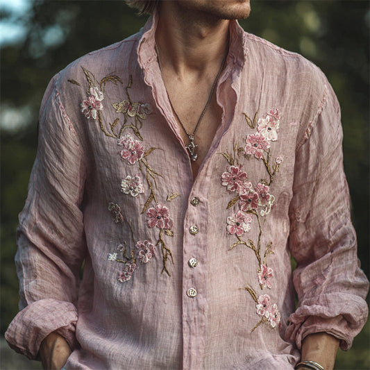 Artisan Pink Embroidered Linen Shirt – Floral Vintage Design (S–6XL)