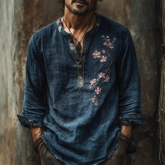 Heritage Blue Linen Henley – Handcrafted Floral Embroidery Shirt (S–6XL)